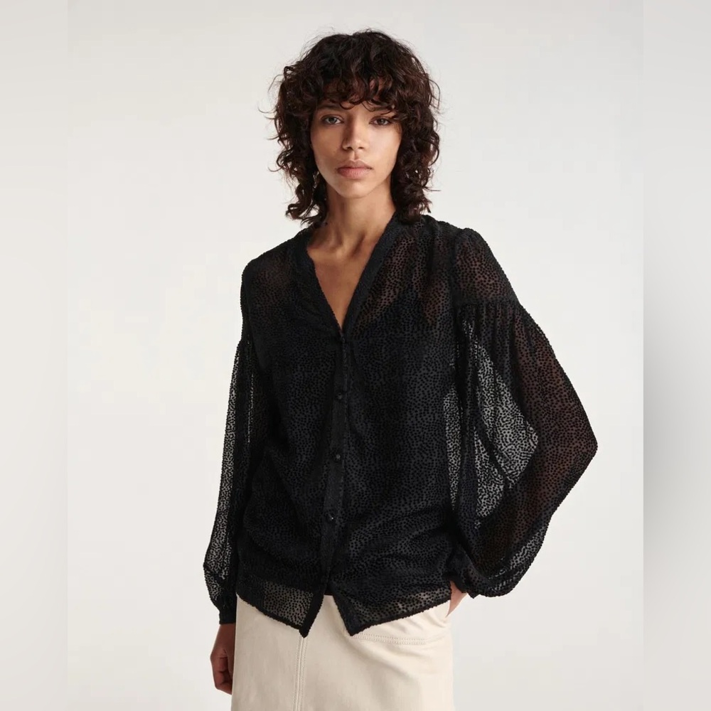 THE KOOPLES Moon Dot Burnout Black Sheer Relaxed Blouse Silk Blend Size 2 Size 6